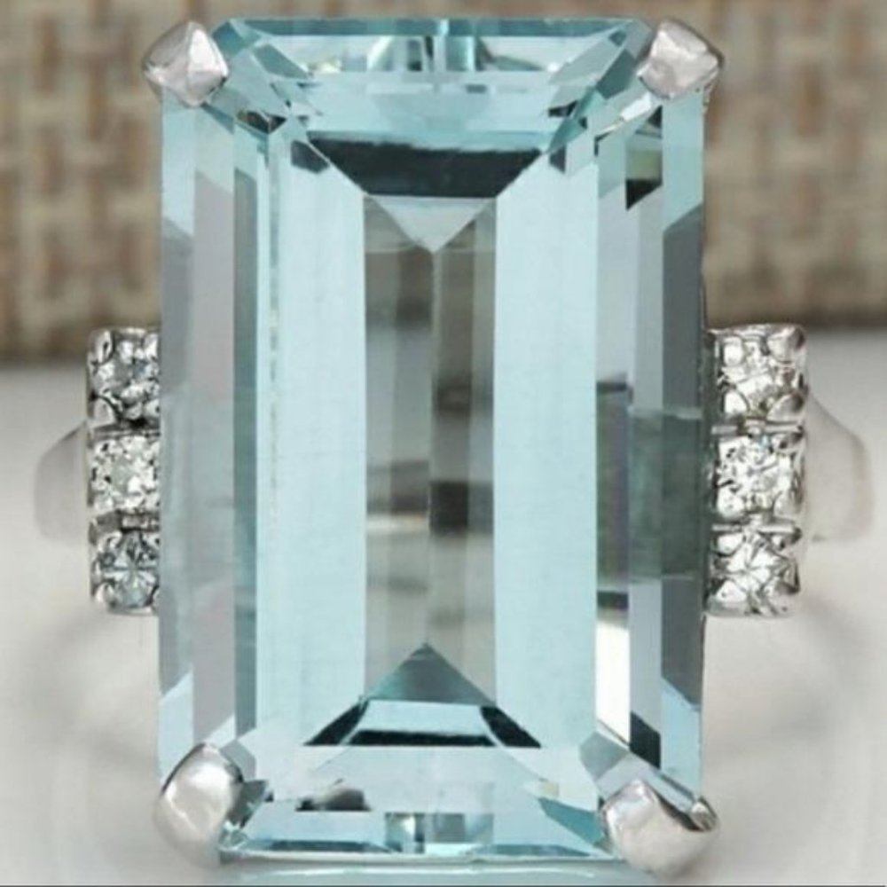 NEW HUGE AQUAMARINE DIAMOND 925 SILVER RING, CUTE RING, SHINY RING. - Picture 3 of 5